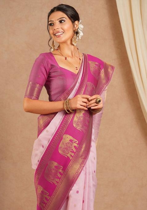 Pink Printed Cotton Blend Saree Set — view on Indya