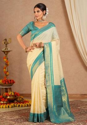 Cream Printed Cotton Blend Saree Set