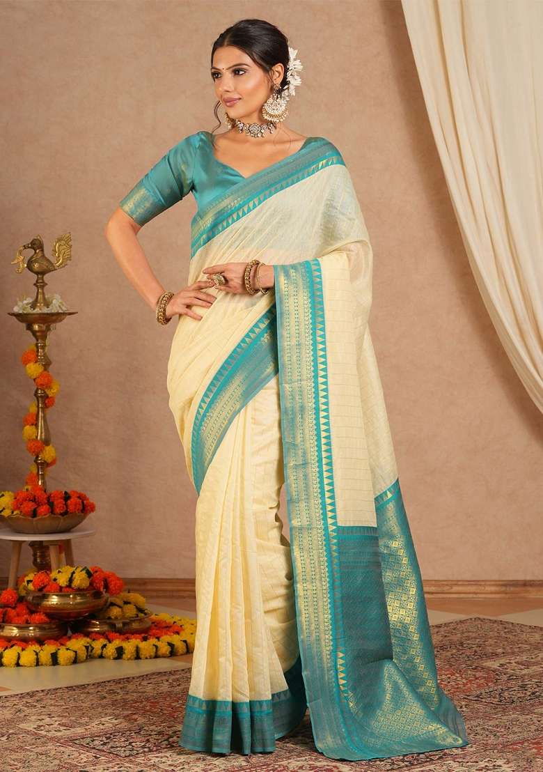Cream Printed Cotton Blend Saree Set - Indya