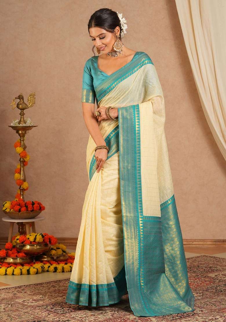 Cream Printed Cotton Blend Saree Set - Indya