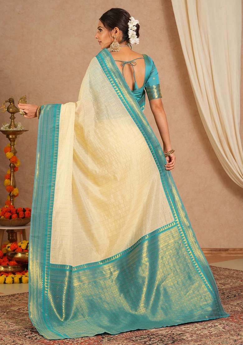 Cream Printed Cotton Blend Saree Set - Indya