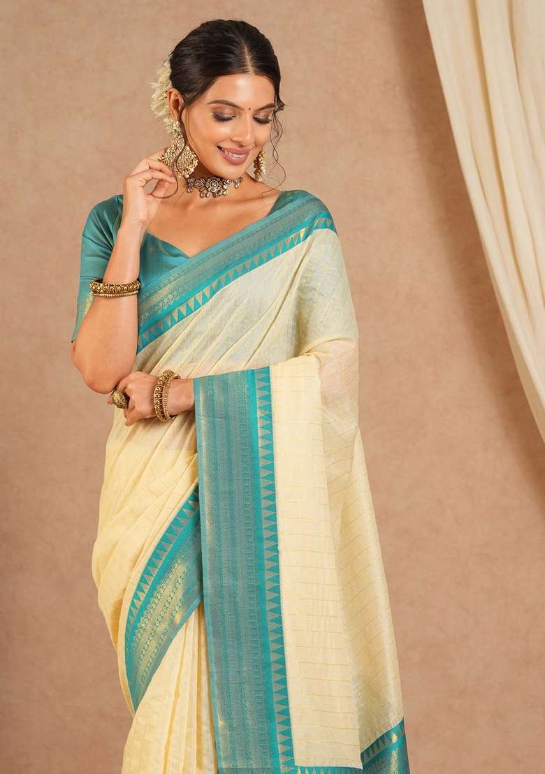 Cream Printed Cotton Blend Saree Set - Indya