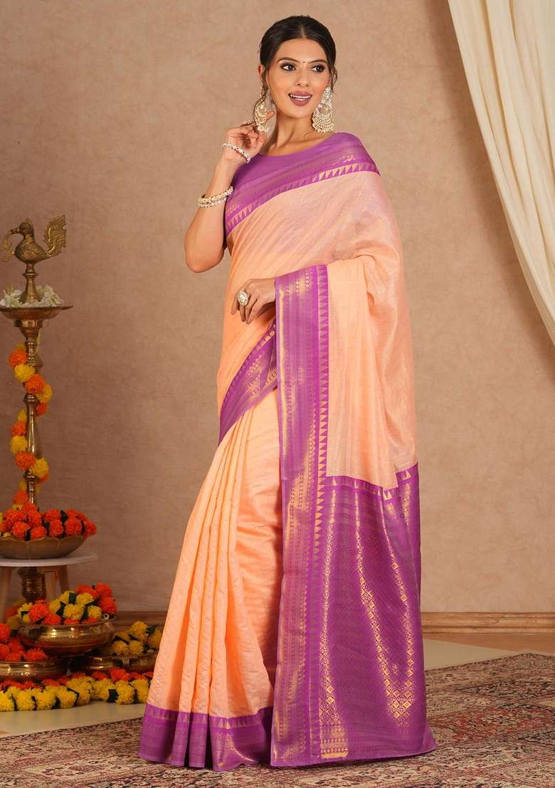 Peach Printed Cotton Blend Saree Set - Indya