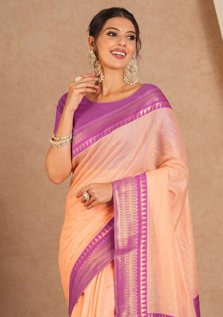 Peach Printed Cotton Blend Saree Set - Indya