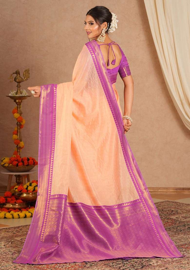 Peach Printed Cotton Blend Saree Set - Indya