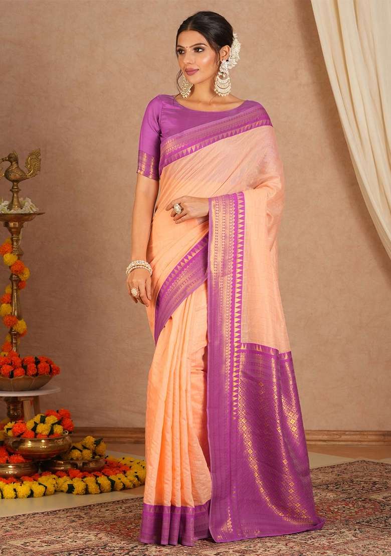 Peach Printed Cotton Blend Saree Set - Indya