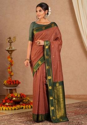 Brown Printed Cotton Blend Saree Set