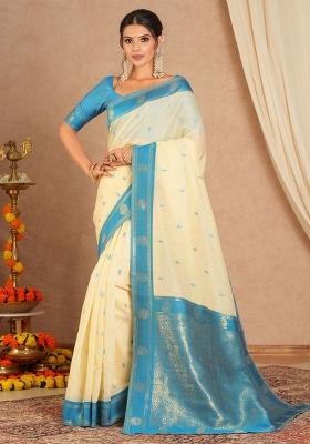 Cream Printed Cotton Blend Saree Set