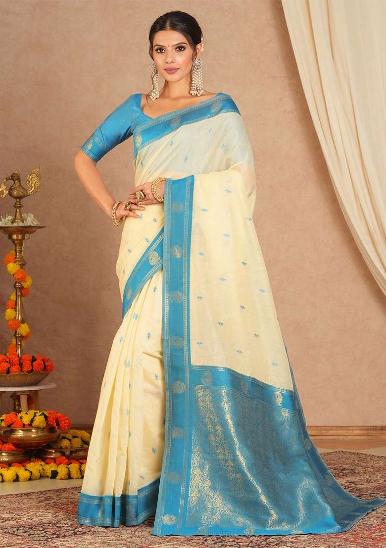Cream Printed Cotton Blend Saree Set - Indya