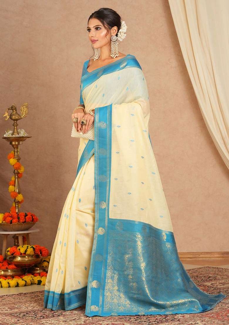 Cream Printed Cotton Blend Saree Set - Indya
