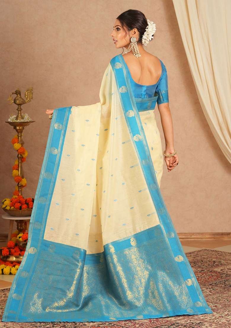 Cream Printed Cotton Blend Saree Set - Indya