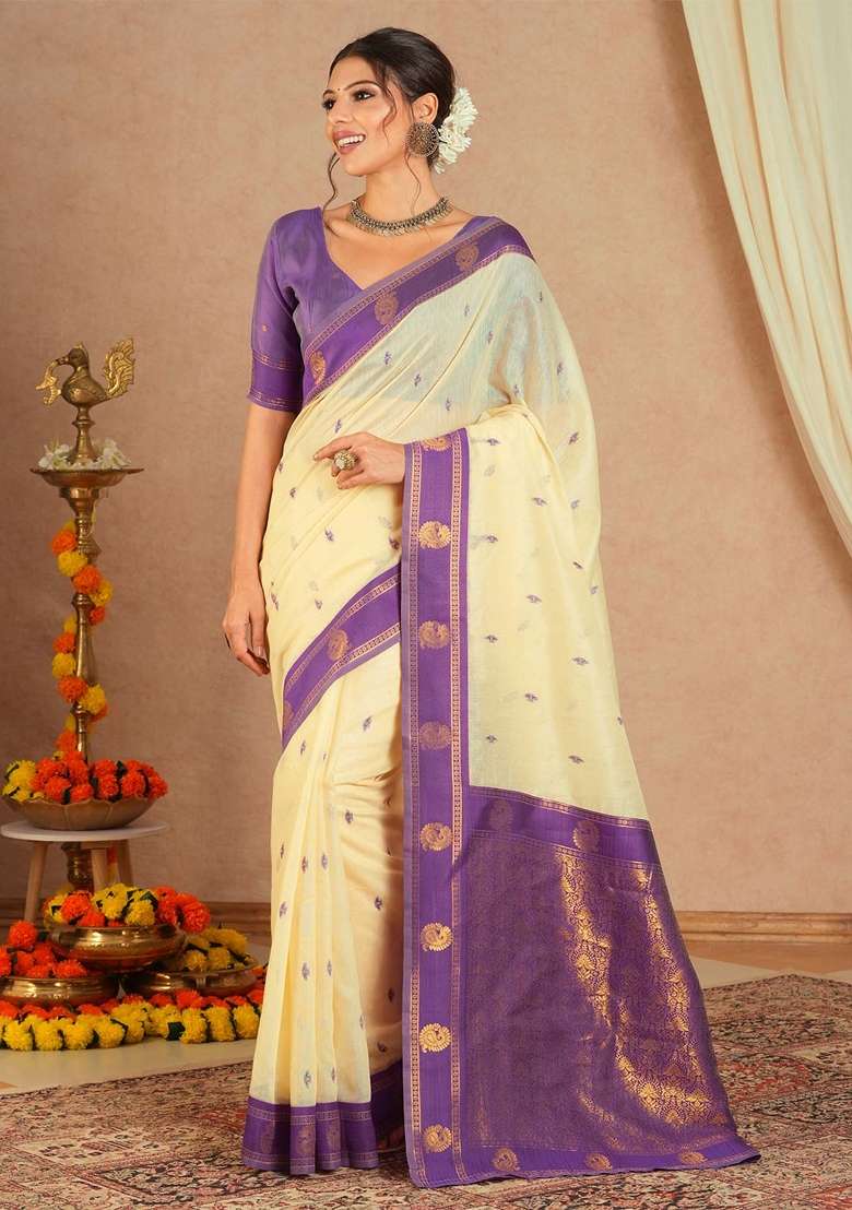 Cream Blend Cotton Saree Set with Printed for Diwali | Wedding & Festive Wear - Indya