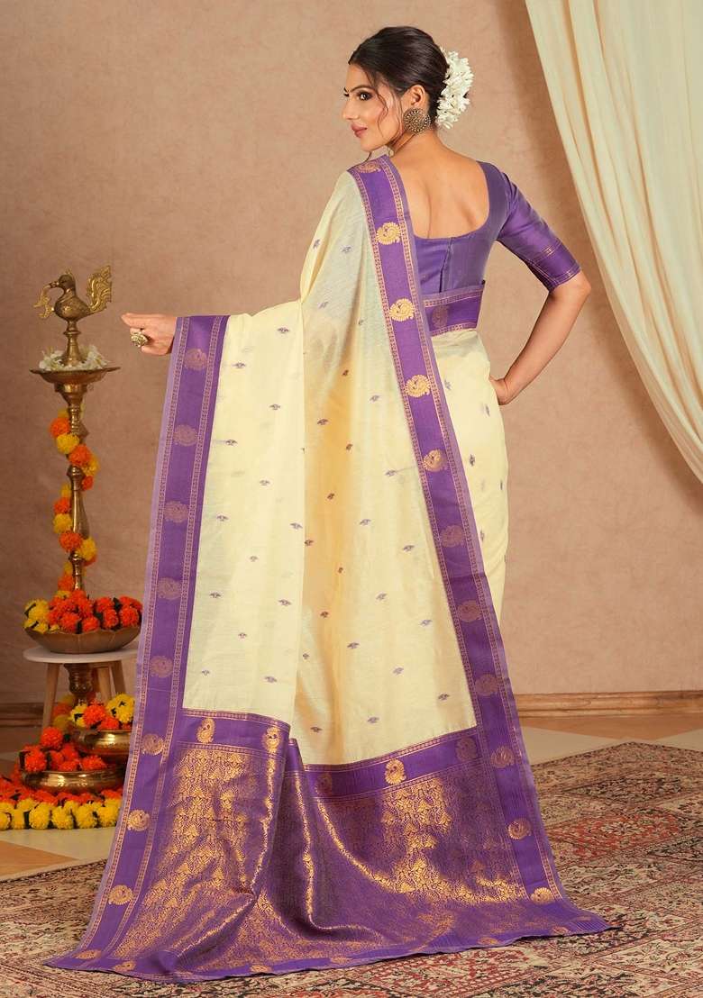 Cream Blend Cotton Saree Set with Printed for Diwali | Wedding & Festive Wear - Indya