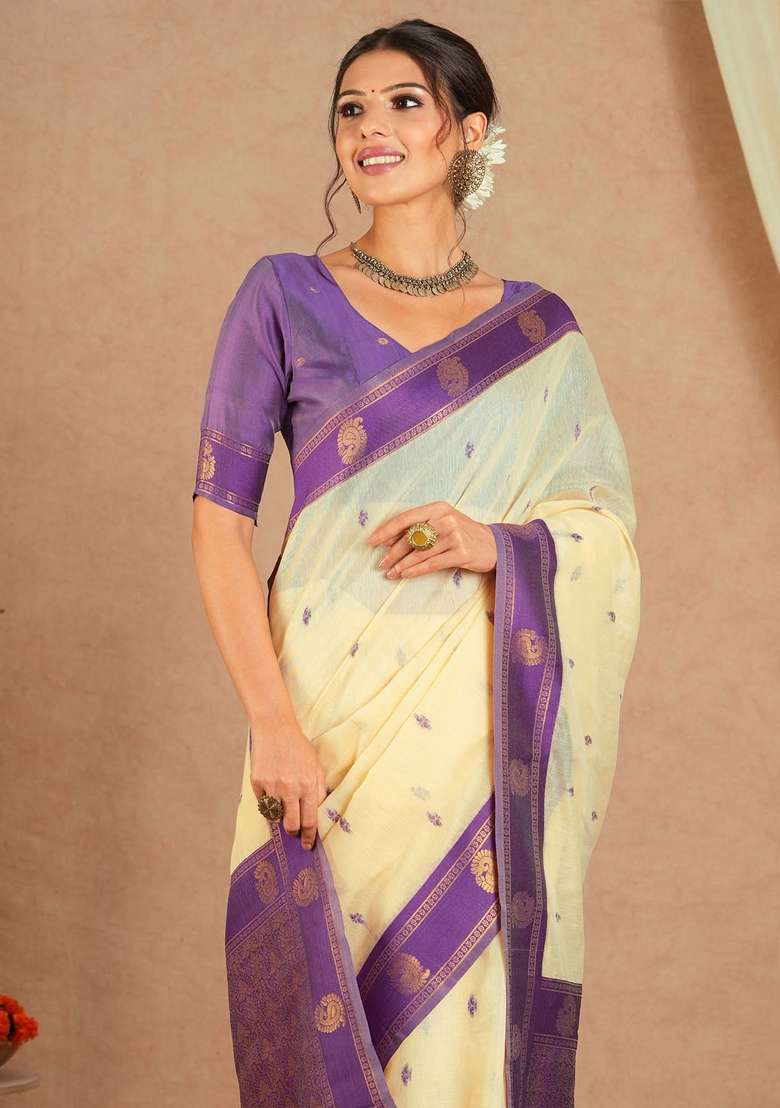 Cream Blend Cotton Saree Set with Printed for Diwali | Wedding & Festive Wear - Indya