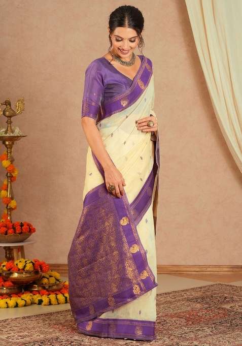 Cream Blend Cotton Saree Set with Printed for Diwali | Wedding & Festive Wear