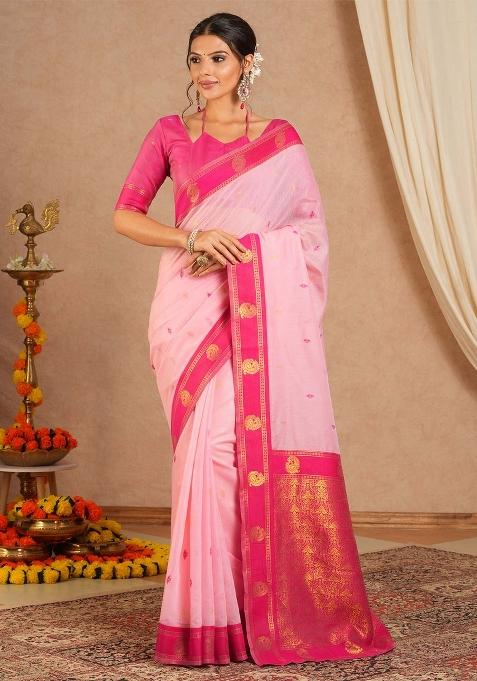 Pink Printed Cotton Blend Saree Set — view on Indya