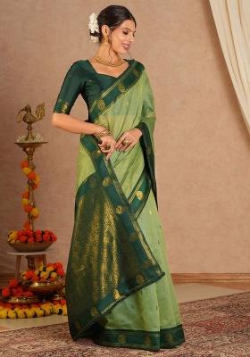 Light Green Printed Cotton Blend Saree Set