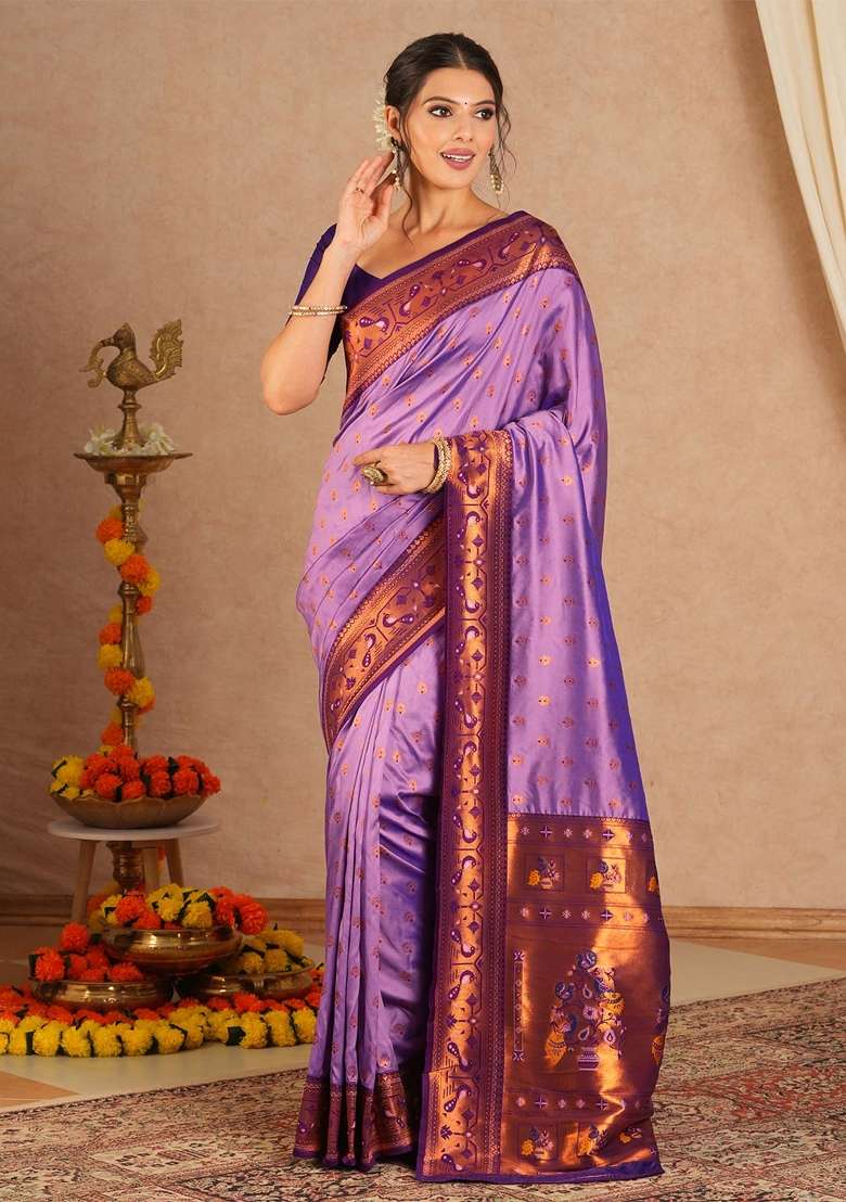 Purple Printed Soft Silk Blend Saree Set for Diwali and Festive Wear - Indya