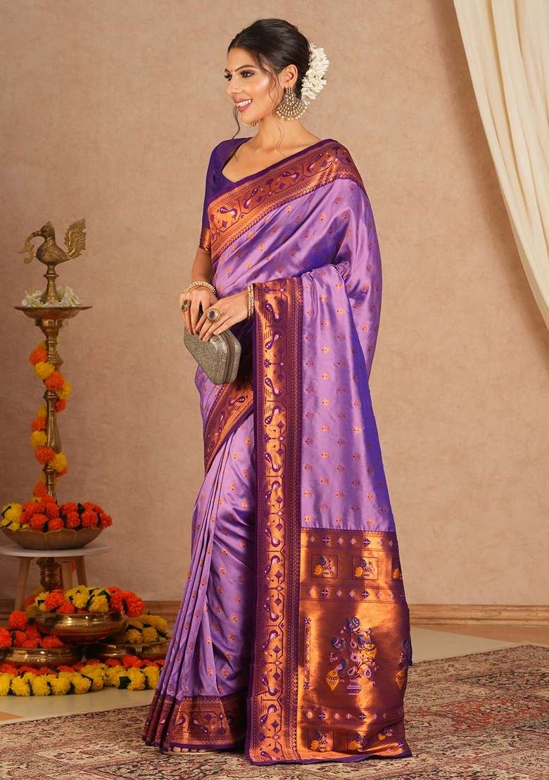 Purple Printed Soft Silk Blend Saree Set for Diwali and Festive Wear - Indya