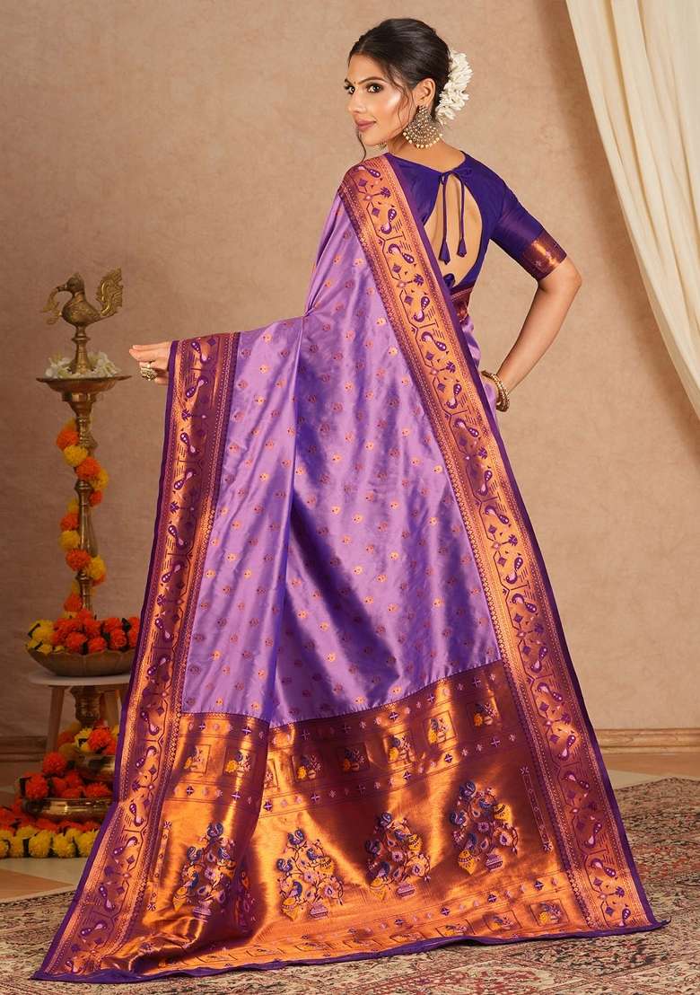 Purple Printed Soft Silk Blend Saree Set for Diwali and Festive Wear - Indya