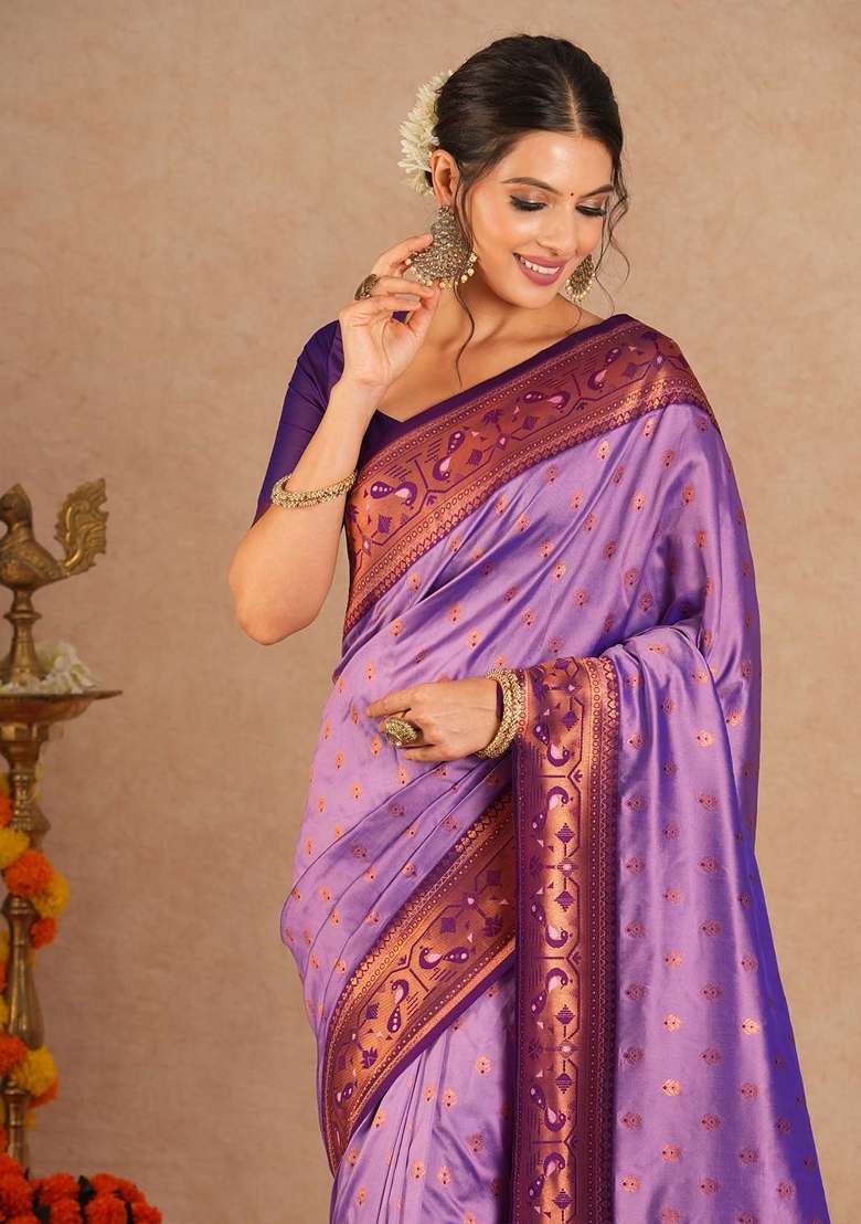 Purple Printed Soft Silk Blend Saree Set for Diwali and Festive Wear - Indya