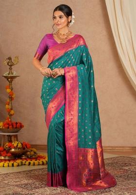 Teal Blue Printed Soft Silk Blend Saree Set