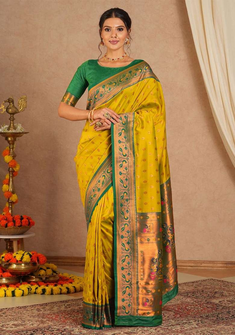 Yellow Printed Soft Silk Saree Set - Indya