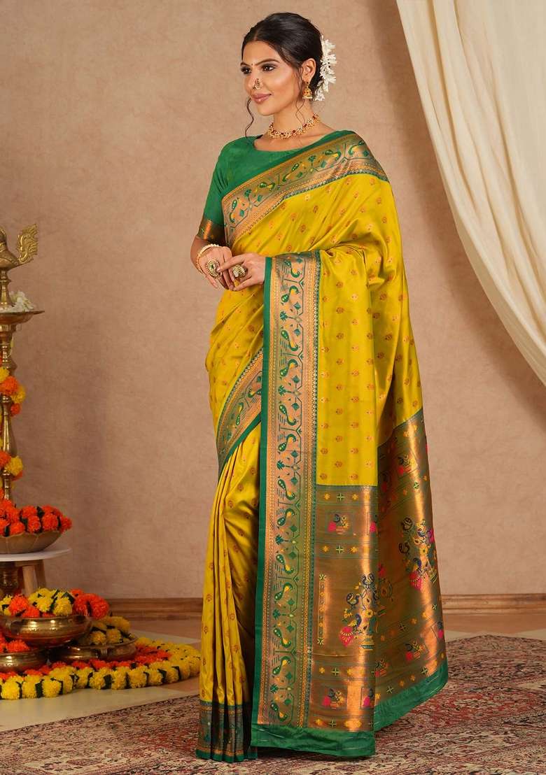 Yellow Printed Soft Silk Saree Set - Indya