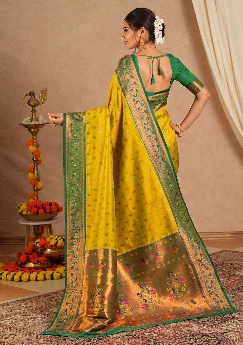 Yellow Printed Soft Silk Saree Set - Indya