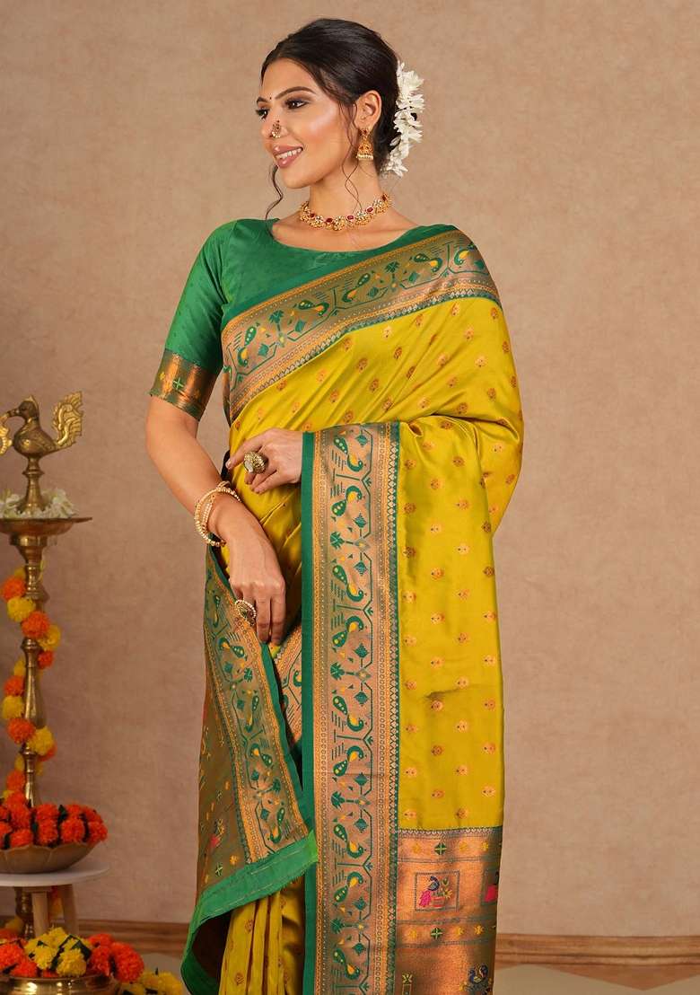 Yellow Printed Soft Silk Saree Set - Indya