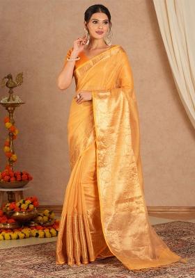 Orange Printed Cotton Blend Saree Set