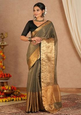 Black Printed Cotton Blend Saree Set
