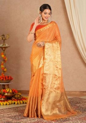 Orange Printed Cotton Blend Saree Set