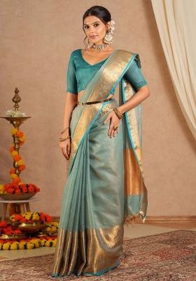 Light Blue Printed Cotton Blend Saree Set