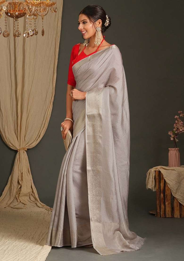 Grey Printed Viscose Saree Set for Diwali and Festive Wear - Indya