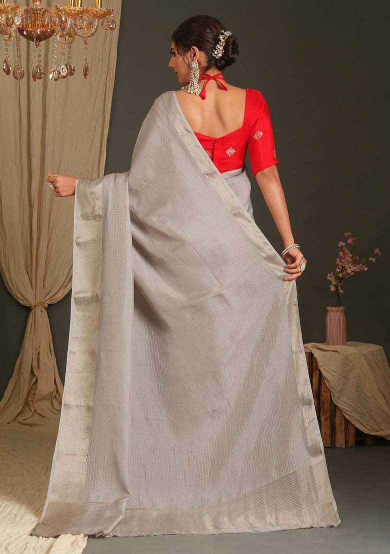 Grey Printed Viscose Saree Set for Diwali and Festive Wear - Indya