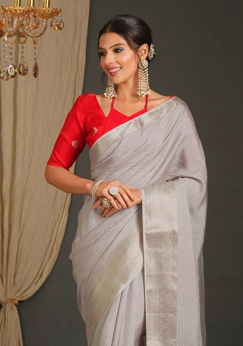Grey Printed Viscose Saree Set for Diwali and Festive Wear - Indya
