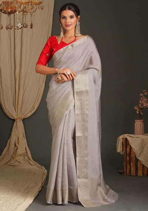 Grey Printed Viscose Saree Set for Diwali and Festive Wear