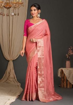 Peach Printed Viscose Saree Set