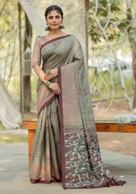 Light Green Printed Silk Blend Saree Set