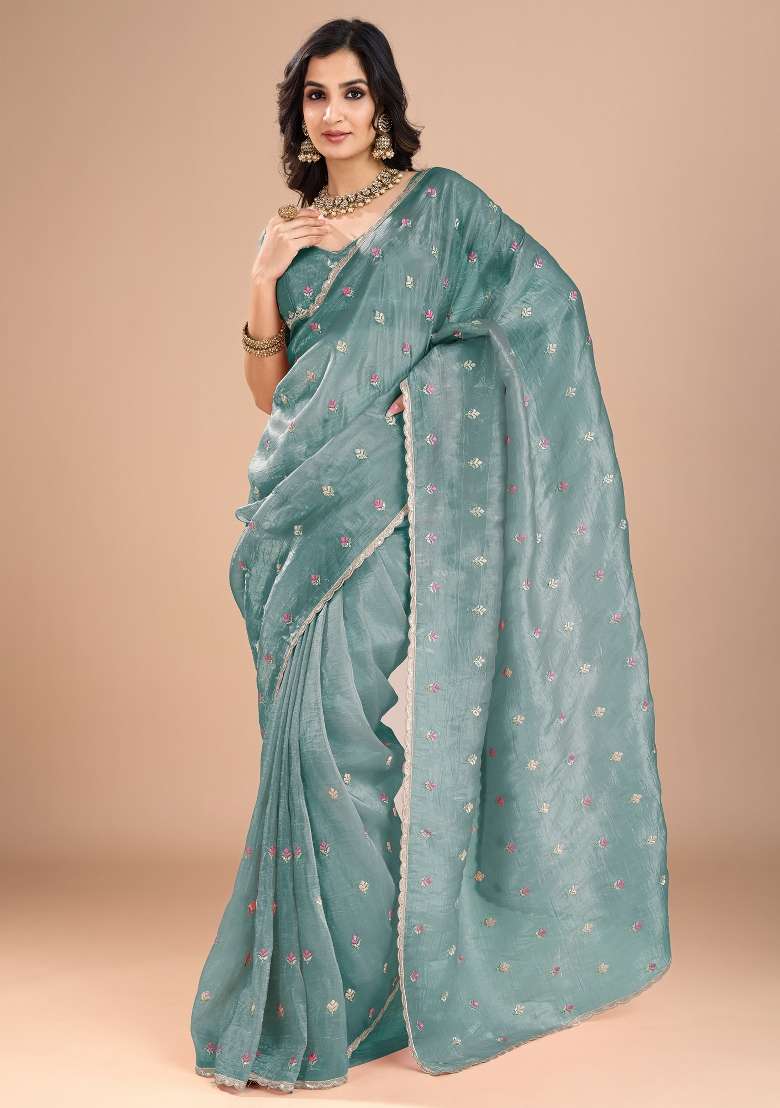 Light Blue Printed Organza Saree Set - Indya