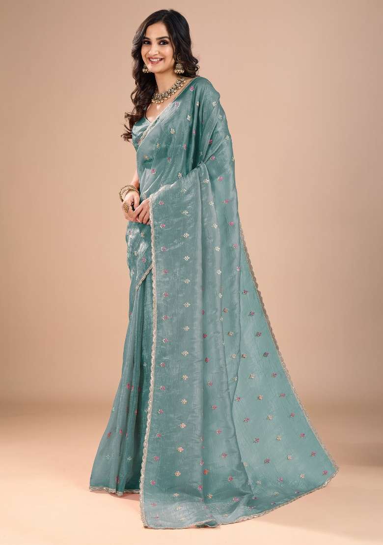 Light Blue Printed Organza Saree Set - Indya