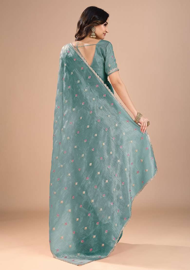 Light Blue Printed Organza Saree Set - Indya