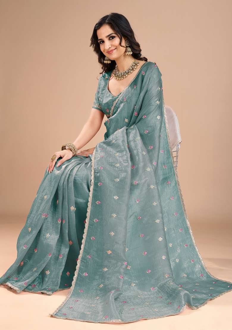 Light Blue Printed Organza Saree Set - Indya