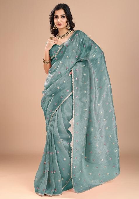 Light Blue Printed Organza Saree Set — view on Indya