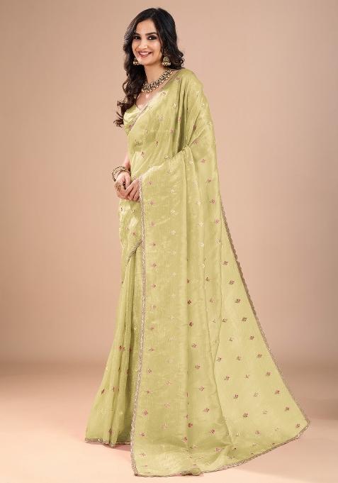 Yellow Printed Organza Saree Set
