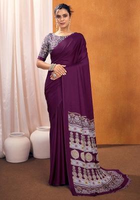 Purple Printed Satin Silk Saree Set