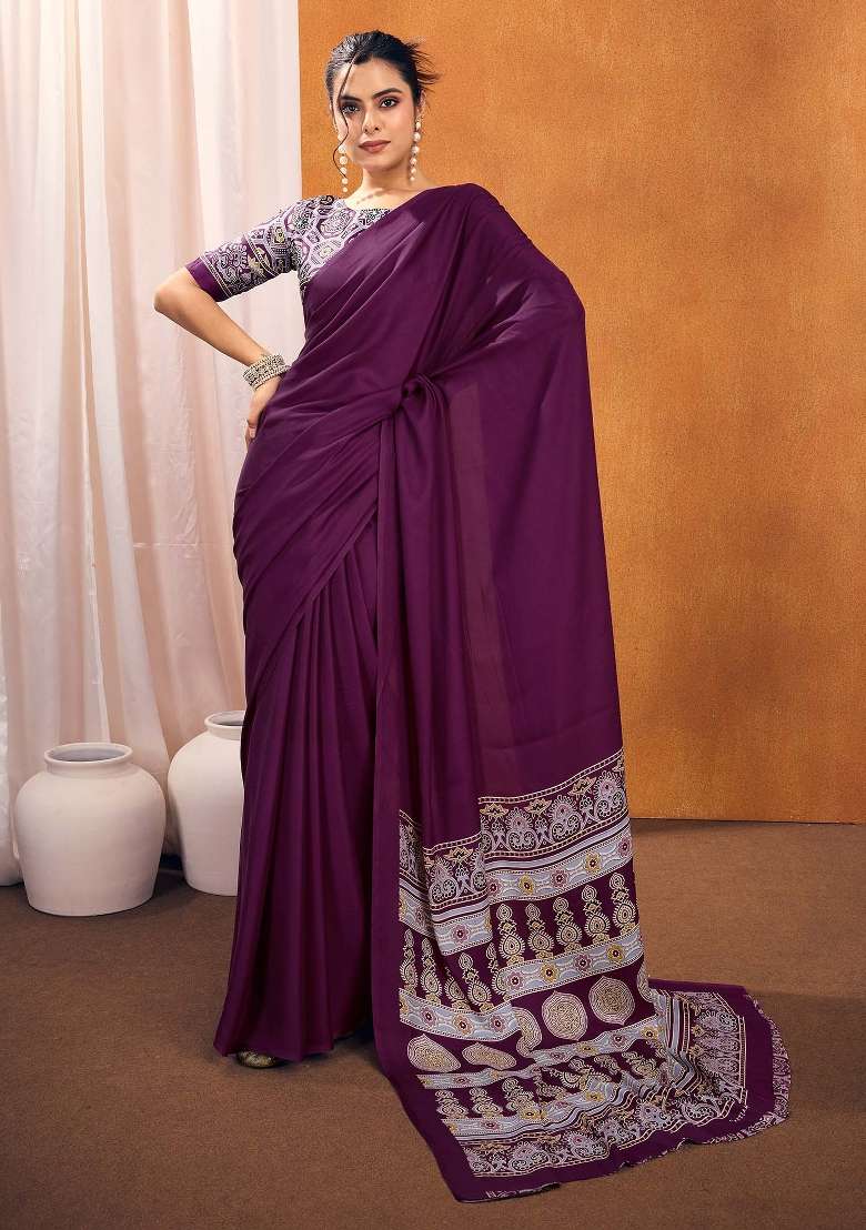 Purple Printed Satin Silk Blend Saree Set for Diwali and Festive Wear - Indya