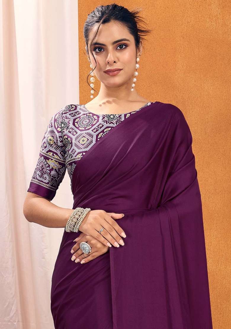 Purple Printed Satin Silk Blend Saree Set for Diwali and Festive Wear - Indya