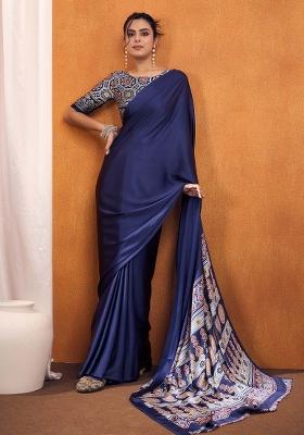 Navy Blue Printed Satin Silk Saree Set